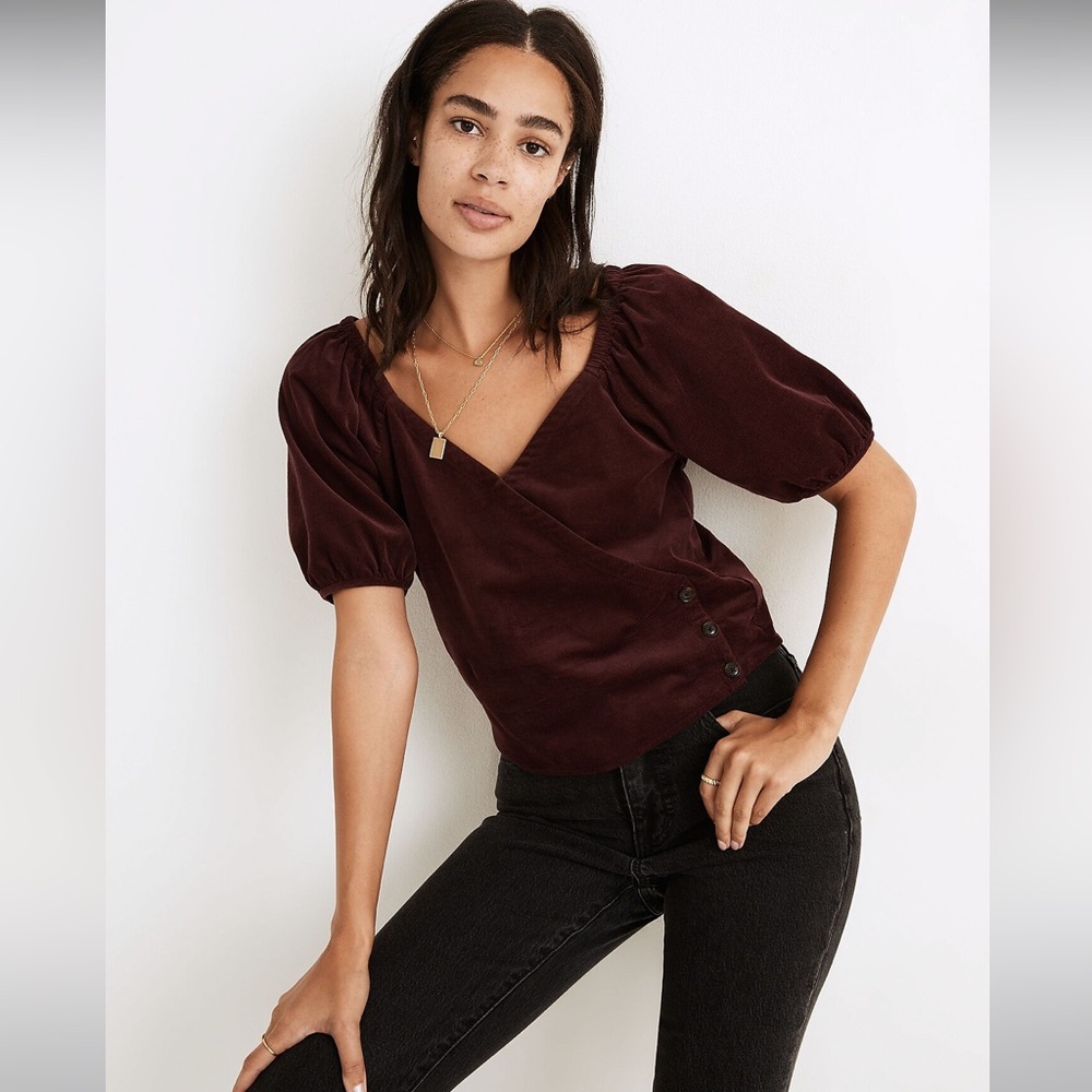 Madewell Corduroy Puff-Sleeve Wrap Top Size XXL Plum Boho Cropped V Neck